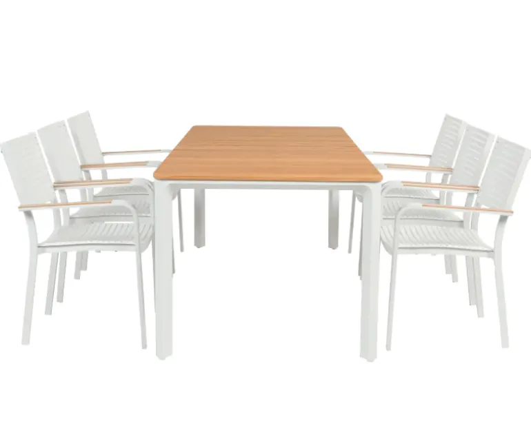 Firenze Fiola Havemøbelsæt med 6 stole - 90x200 cm - Hvid / Kerneteak