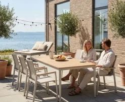 Malmø Havemøbelsæt med 6 stabelstole - 100x200 cm - Gråhvid